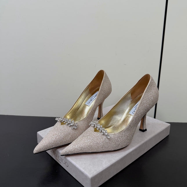 JIMMY CHOO 26S EMBELLISHED HIGH HEELS 90 MM IN CHAMPAGNE GOLD GLITTER