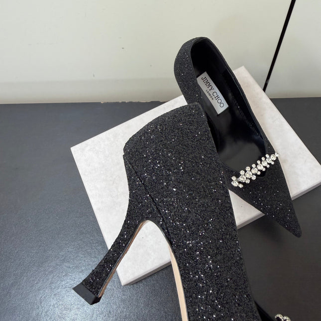 JIMMY CHOO 26S EMBELLISHED HIGH HEELS 90 MM IN BLACK GLITTER