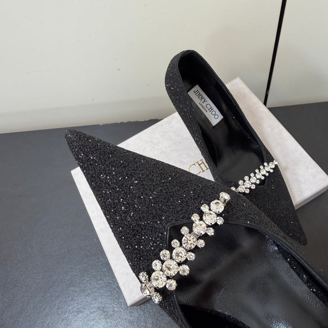 JIMMY CHOO 26S EMBELLISHED HIGH HEELS 90 MM IN BLACK GLITTER