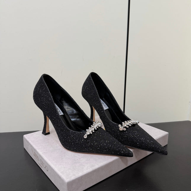 JIMMY CHOO 26S EMBELLISHED HIGH HEELS 90 MM IN BLACK GLITTER