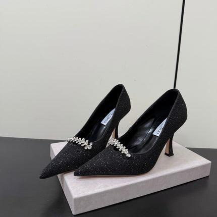 JIMMY CHOO 26S EMBELLISHED HIGH HEELS 90 MM IN BLACK GLITTER