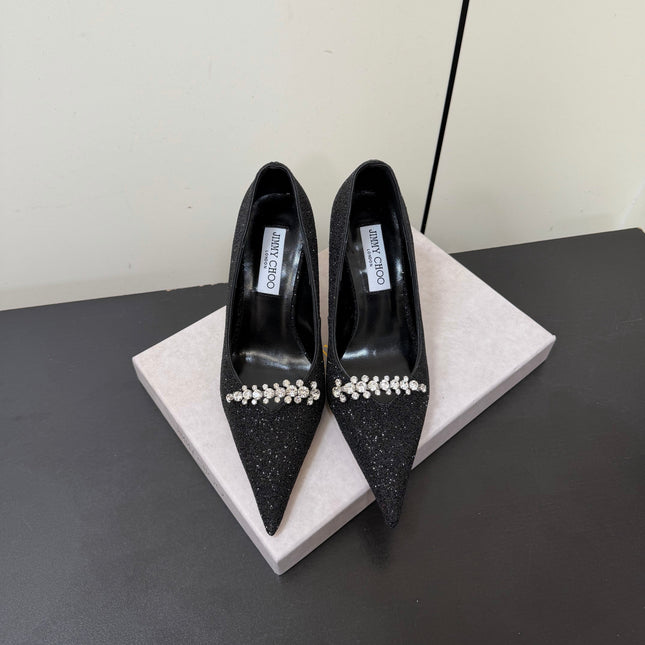 JIMMY CHOO 26S EMBELLISHED HIGH HEELS 90 MM IN BLACK GLITTER