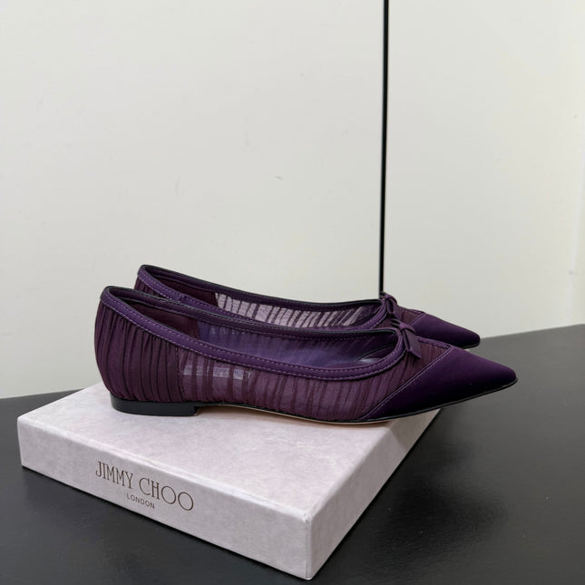 JIMMY CHOO 26S POINTED-TOE FLATS IN DARK PURPLE SATIN