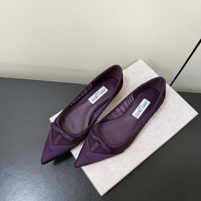 JIMMY CHOO 26S POINTED-TOE FLATS IN DARK PURPLE SATIN