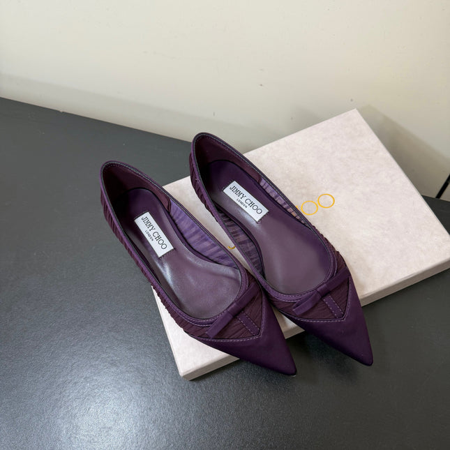 JIMMY CHOO 26S POINTED-TOE FLATS IN DARK PURPLE SATIN
