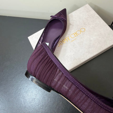 JIMMY CHOO 26S POINTED-TOE FLATS IN DARK PURPLE SATIN