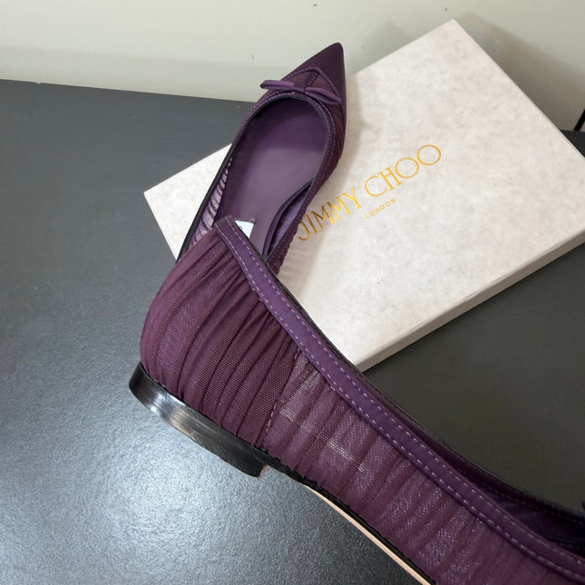 JIMMY CHOO 26S POINTED-TOE FLATS IN DARK PURPLE SATIN