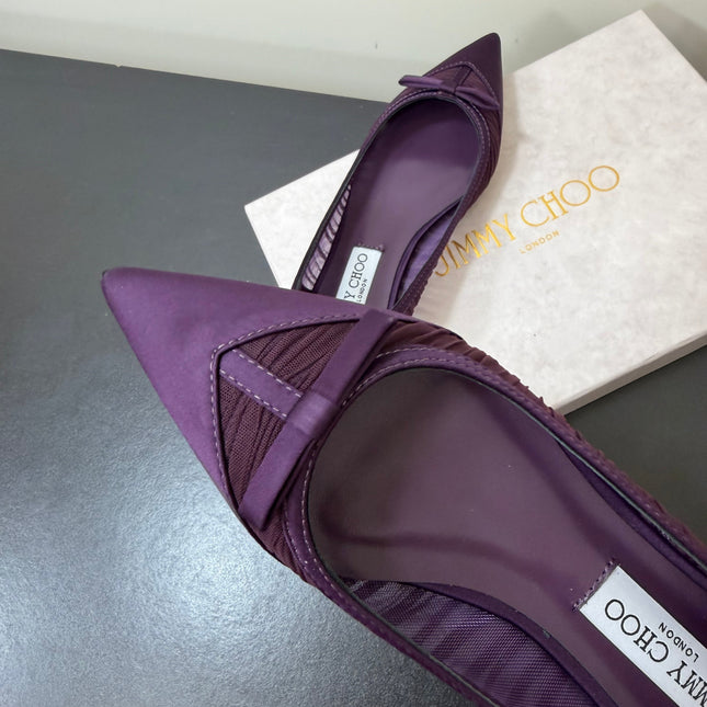 JIMMY CHOO 26S POINTED-TOE FLATS IN DARK PURPLE SATIN