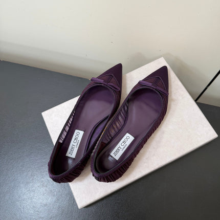 JIMMY CHOO 26S POINTED-TOE FLATS IN DARK PURPLE SATIN