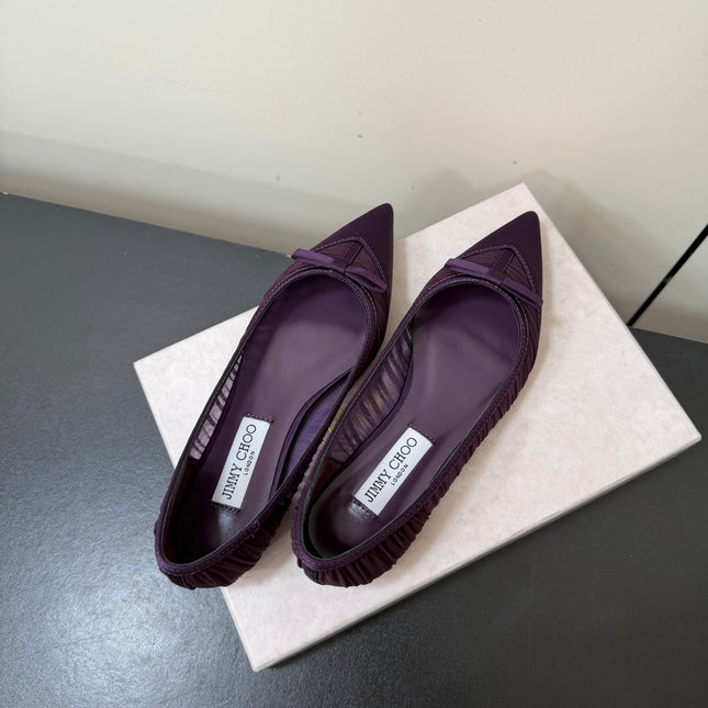 JIMMY CHOO 26S POINTED-TOE FLATS IN DARK PURPLE SATIN
