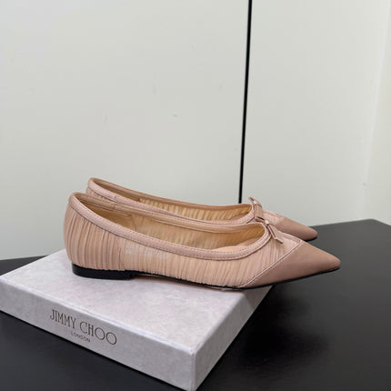 JIMMY CHOO 26S POINTED-TOE FLATS IN NUDE SATIN