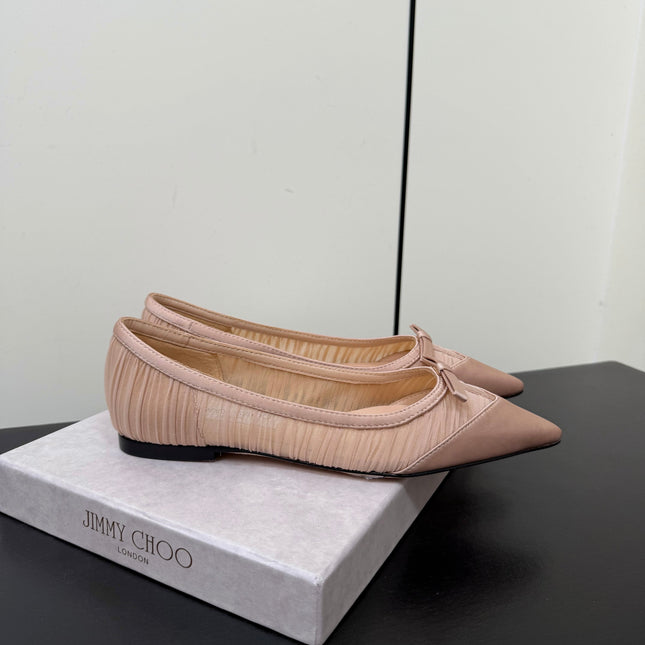 JIMMY CHOO 26S POINTED-TOE FLATS IN NUDE SATIN