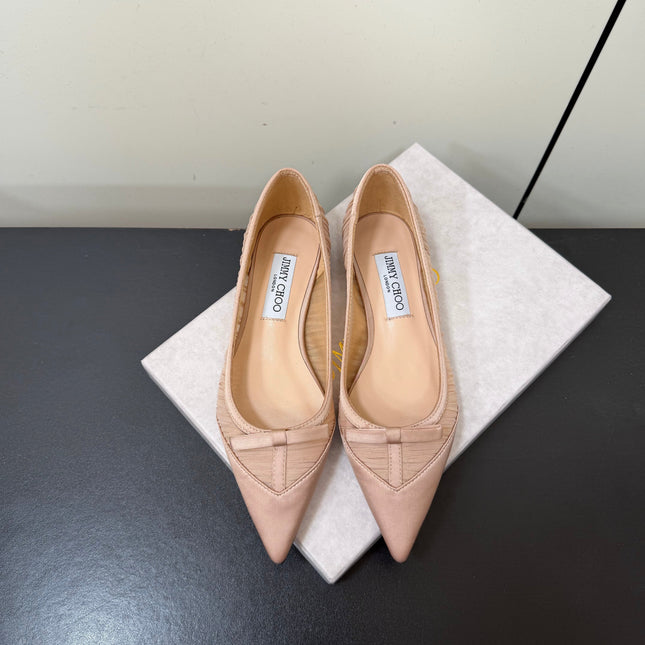JIMMY CHOO 26S POINTED-TOE FLATS IN NUDE SATIN