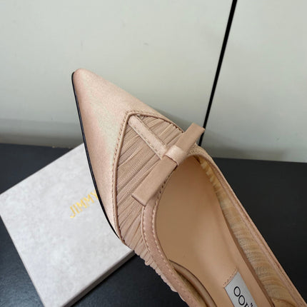 JIMMY CHOO 26S POINTED-TOE FLATS IN NUDE SATIN