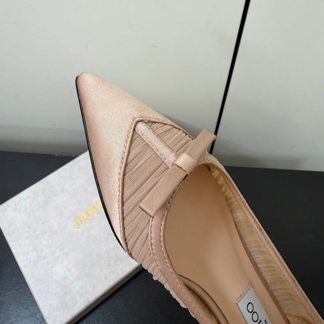 JIMMY CHOO 26S POINTED-TOE FLATS IN NUDE SATIN
