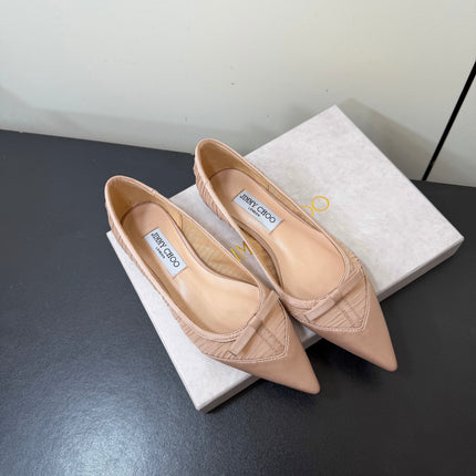 JIMMY CHOO 26S POINTED-TOE FLATS IN NUDE SATIN