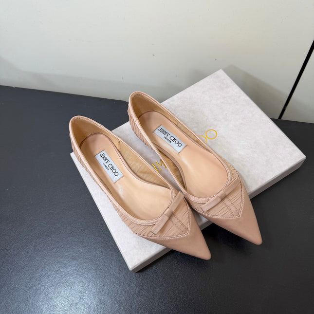 JIMMY CHOO 26S POINTED-TOE FLATS IN NUDE SATIN