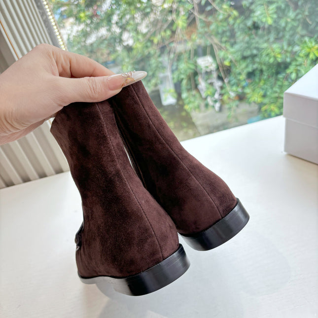 YSL 25S ANKLE FLAT BOOTS IN DARK CHOCOLATE BROWN SUEDE WITH SIDE ZIPPER