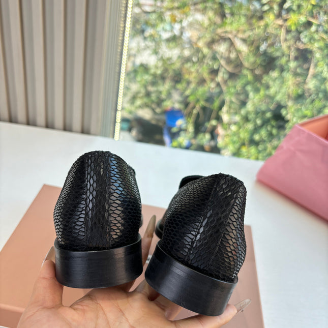MIUMIU 26S LOAFERS IN BLACK SNAKE EMBOSSED CALFSKIN