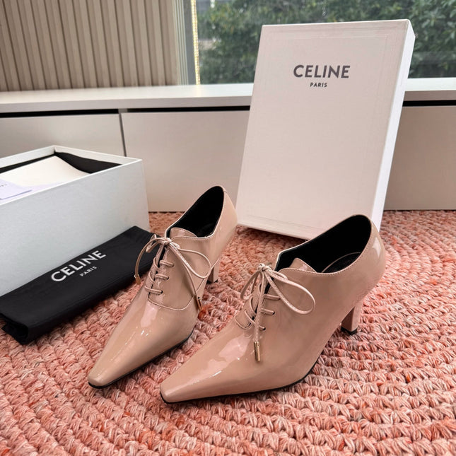 CELINE 26S LACE UP POINTED TOE PUMPS IN BLUSH NUDE PATENT CALFSKIN