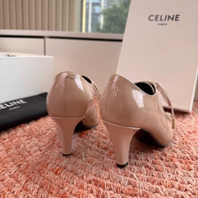 CELINE 26S LACE UP POINTED TOE PUMPS IN BLUSH NUDE PATENT CALFSKIN