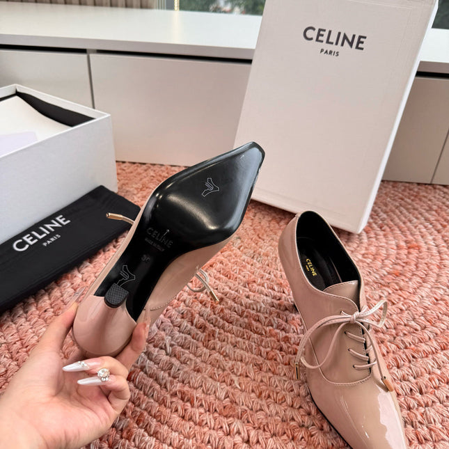 CELINE 26S LACE UP POINTED TOE PUMPS IN BLUSH NUDE PATENT CALFSKIN