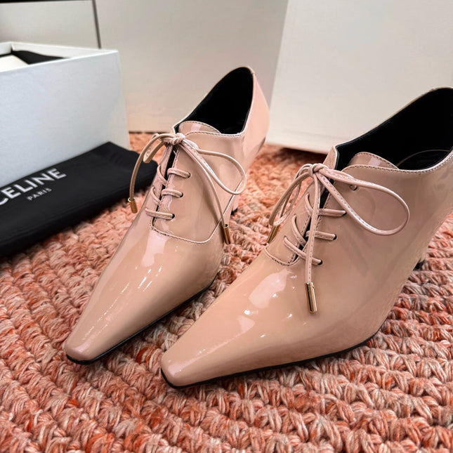CELINE 26S LACE UP POINTED TOE PUMPS IN BLUSH NUDE PATENT CALFSKIN