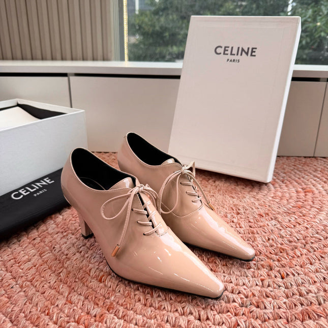CELINE 26S LACE UP POINTED TOE PUMPS IN BLUSH NUDE PATENT CALFSKIN