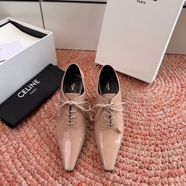 CELINE 26S LACE UP POINTED TOE PUMPS IN BLUSH NUDE PATENT CALFSKIN