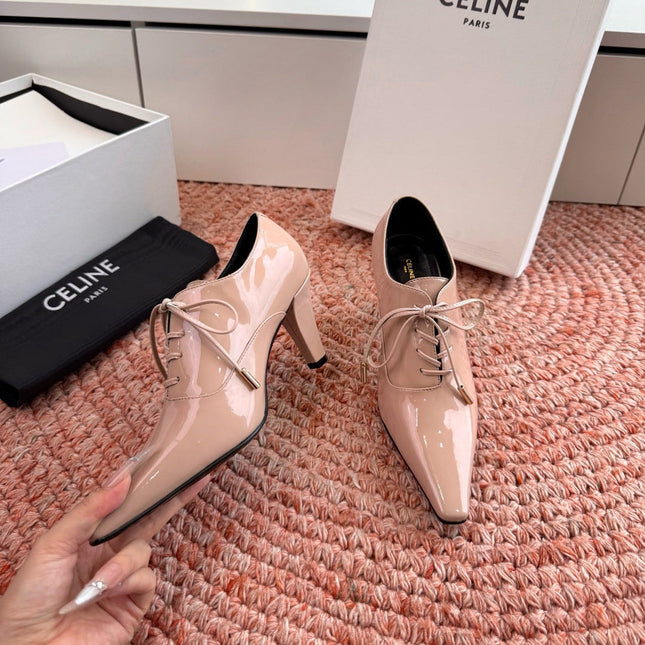 CELINE 26S LACE UP POINTED TOE PUMPS IN BLUSH NUDE PATENT CALFSKIN