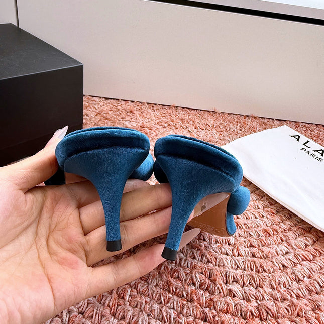 ALAIA 26S HEELED THONG SANDALS IN DARK BLUE VELVET