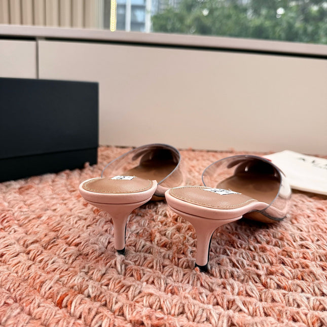 ALAIA 26S POINTED-TOE MULE HEELS IN NUDE PINK LAMBSKIN AND TRANSPARENT PVC