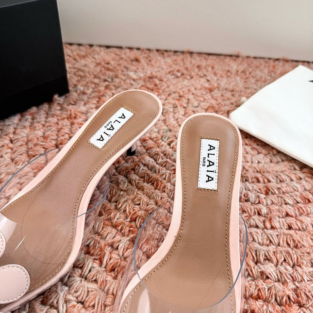 ALAIA 26S POINTED-TOE MULE HEELS IN NUDE PINK LAMBSKIN AND TRANSPARENT PVC