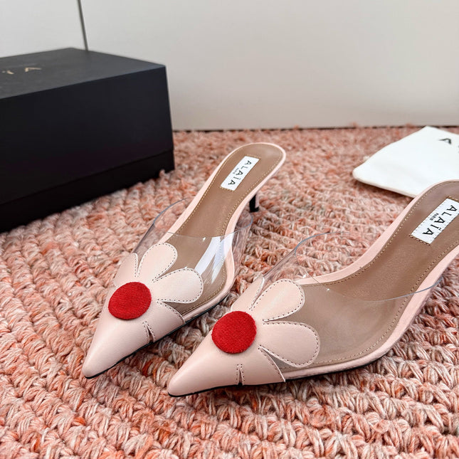 ALAIA 26S POINTED-TOE MULE HEELS IN NUDE PINK LAMBSKIN AND TRANSPARENT PVC