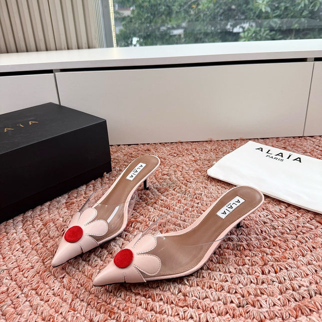 ALAIA 26S POINTED-TOE MULE HEELS IN NUDE PINK LAMBSKIN AND TRANSPARENT PVC