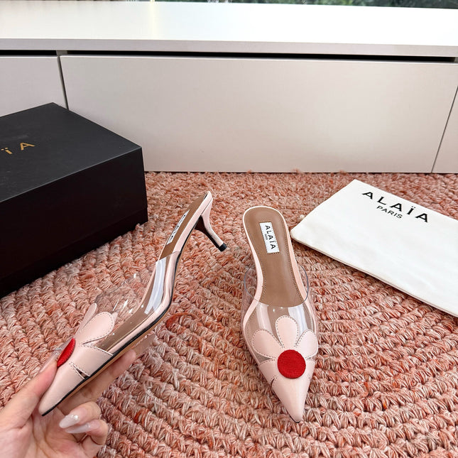 ALAIA 26S POINTED-TOE MULE HEELS IN NUDE PINK LAMBSKIN AND TRANSPARENT PVC