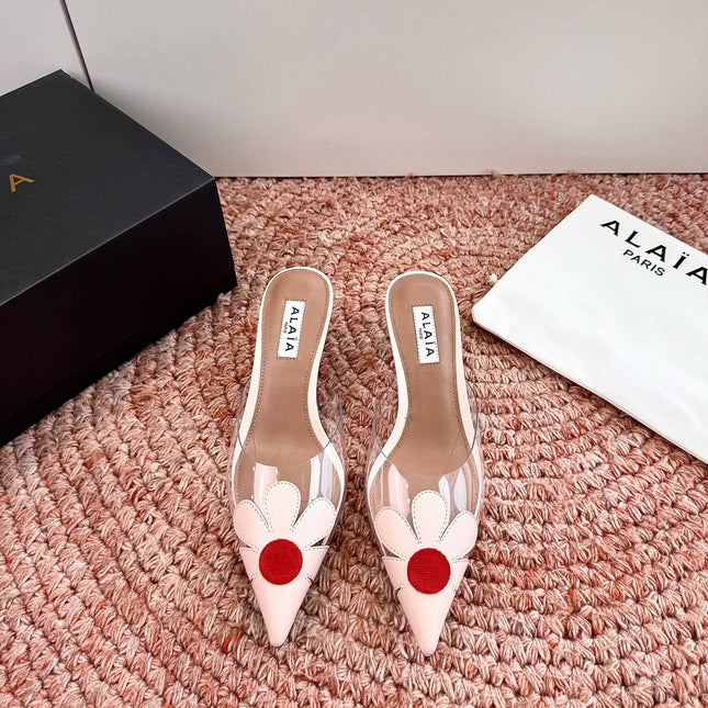 ALAIA 26S POINTED-TOE MULE HEELS IN NUDE PINK LAMBSKIN AND TRANSPARENT PVC