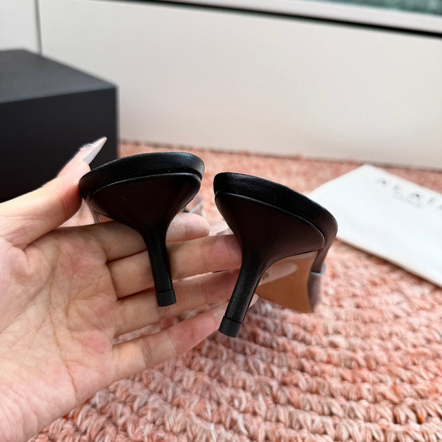 ALAIA 26S POINTED-TOE MULE HEELS IN BLACK LAMBSKIN AND TRANSPARENT PVC