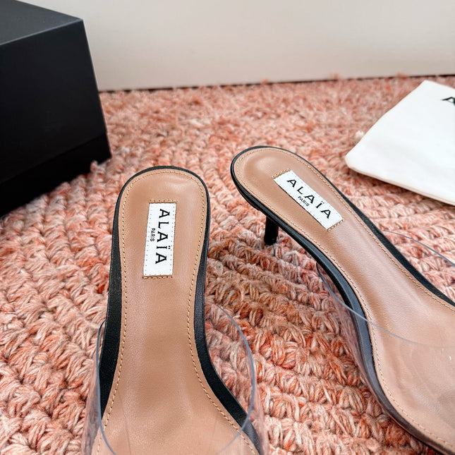 ALAIA 26S POINTED-TOE MULE HEELS IN BLACK LAMBSKIN AND TRANSPARENT PVC