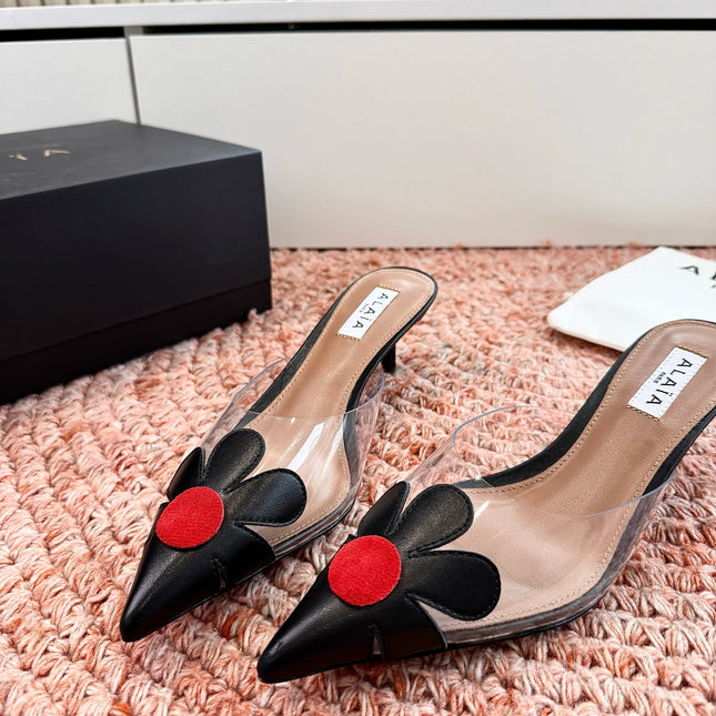 ALAIA 26S POINTED-TOE MULE HEELS IN BLACK LAMBSKIN AND TRANSPARENT PVC