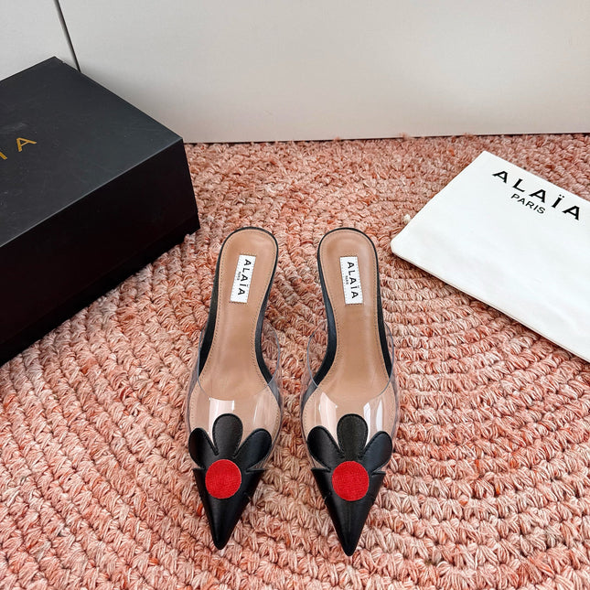 ALAIA 26S POINTED-TOE MULE HEELS IN BLACK LAMBSKIN AND TRANSPARENT PVC