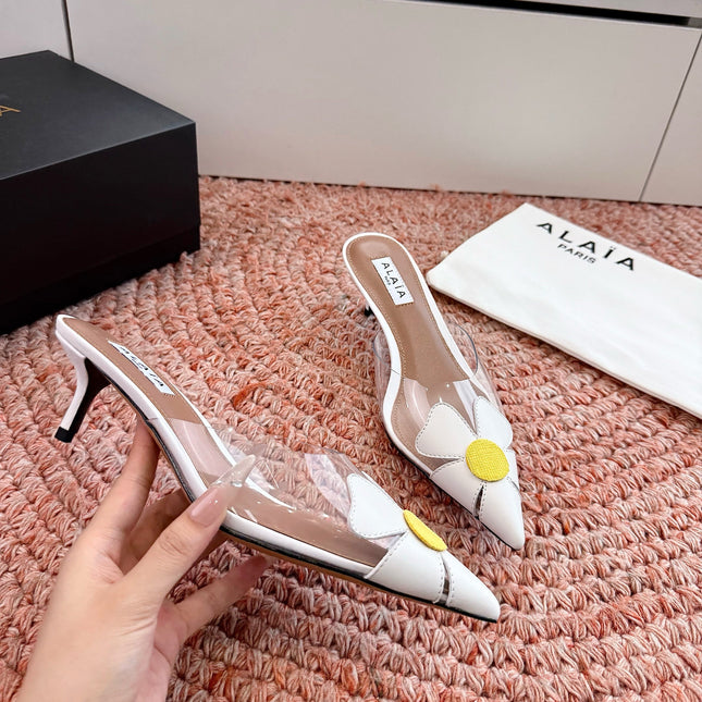 ALAIA 26S MULE HEELS IN WHITE LAMBSKIN AND TRANSPARENT PVC