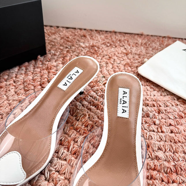 ALAIA 26S MULE HEELS IN WHITE LAMBSKIN AND TRANSPARENT PVC