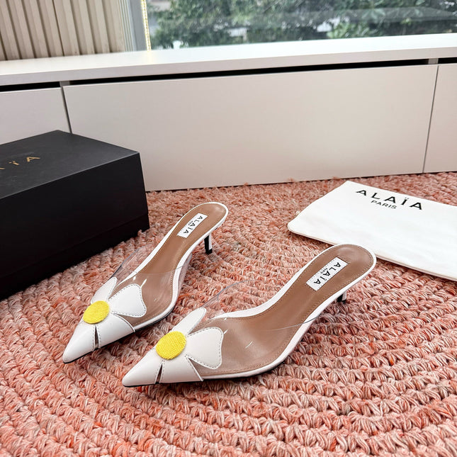 ALAIA 26S MULE HEELS IN WHITE LAMBSKIN AND TRANSPARENT PVC