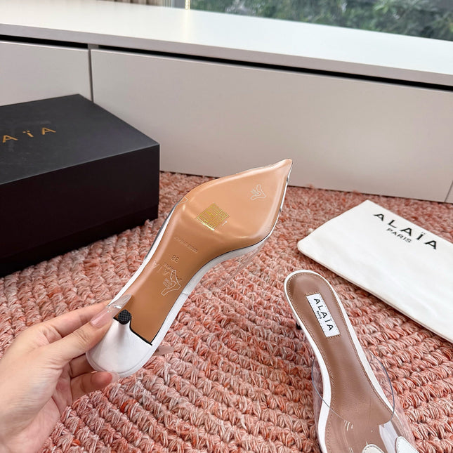 ALAIA 26S MULE HEELS IN WHITE LAMBSKIN AND TRANSPARENT PVC