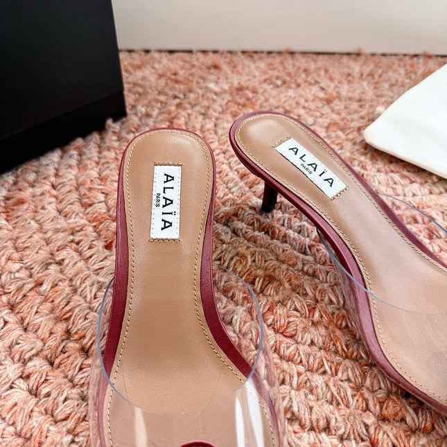 ALAIA 26S POINTED-TOE MULE HEELS IN DARK RED LAMBSKIN AND TRANSPARENT PVC