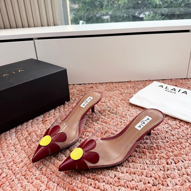 ALAIA 26S POINTED-TOE MULE HEELS IN DARK RED LAMBSKIN AND TRANSPARENT PVC