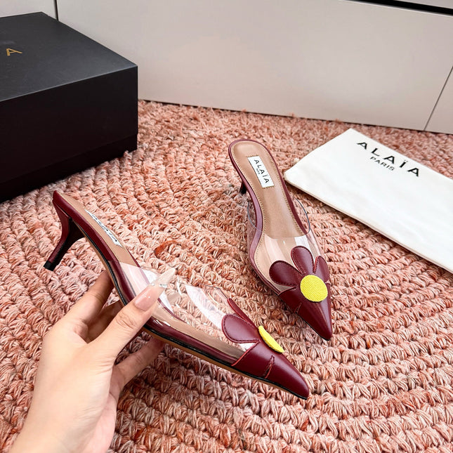 ALAIA 26S POINTED-TOE MULE HEELS IN DARK RED LAMBSKIN AND TRANSPARENT PVC