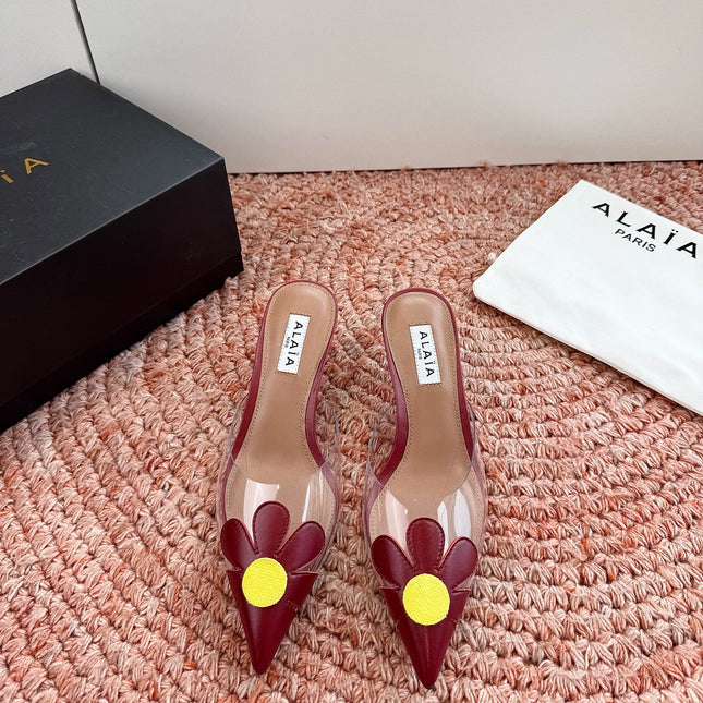 ALAIA 26S POINTED-TOE MULE HEELS IN DARK RED LAMBSKIN AND TRANSPARENT PVC