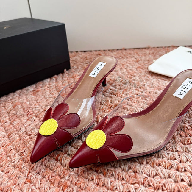 ALAIA 26S POINTED-TOE MULE HEELS IN DARK RED LAMBSKIN AND TRANSPARENT PVC